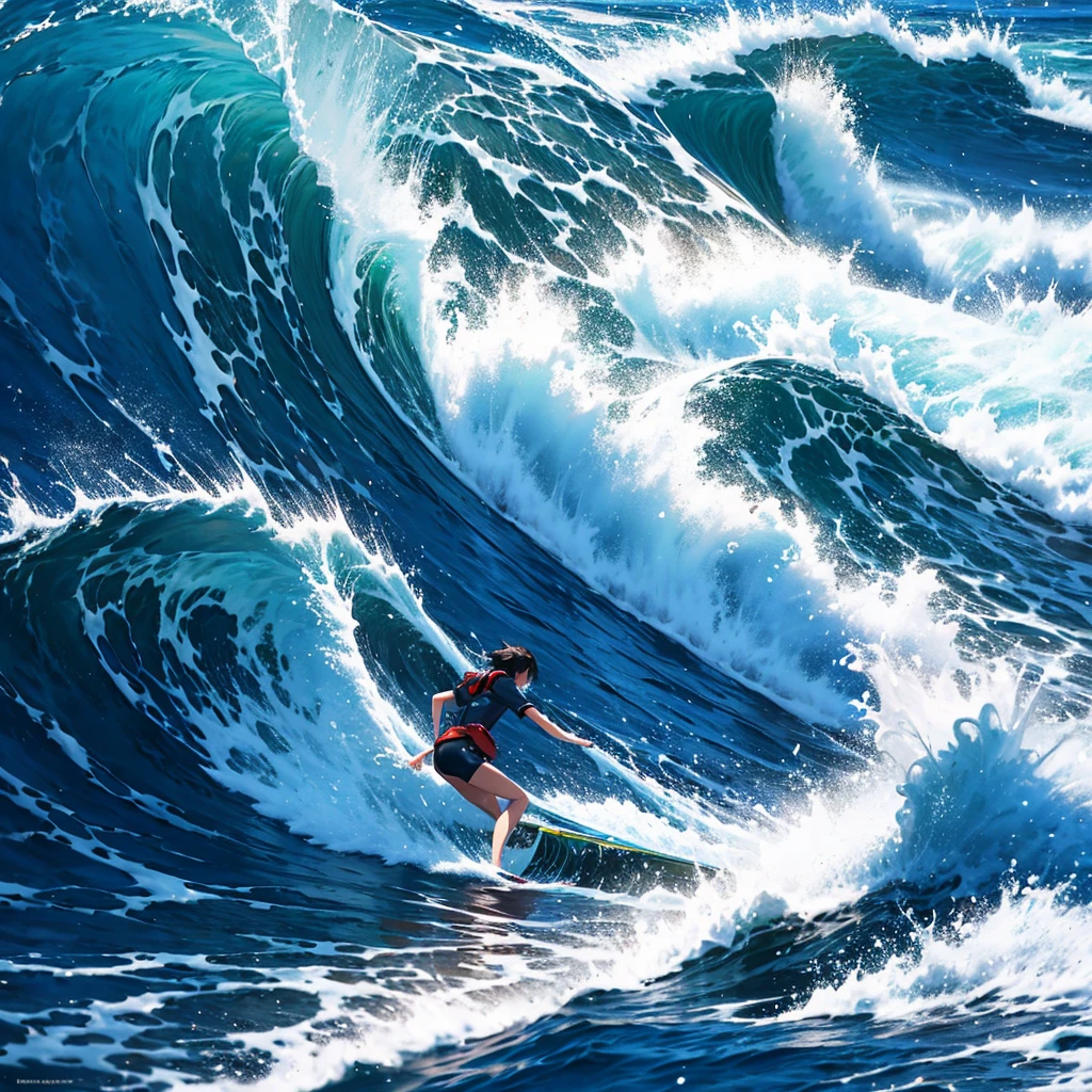Masterpiece, best quality, ultra detailed,8k,WQHD,4k wallpaper, Makoto Shinkai, surfing,