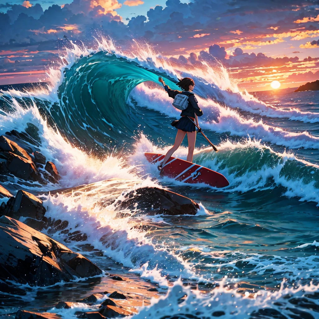 Masterpiece, best quality, ultra detailed,8k,WQHD,4k wallpaper, Makoto Shinkai, surfing,