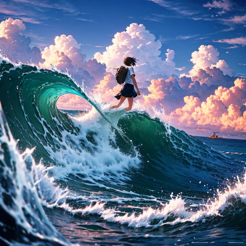 Masterpiece, best quality, ultra detailed,8k,WQHD,4k wallpaper, Makoto Shinkai, surfing,