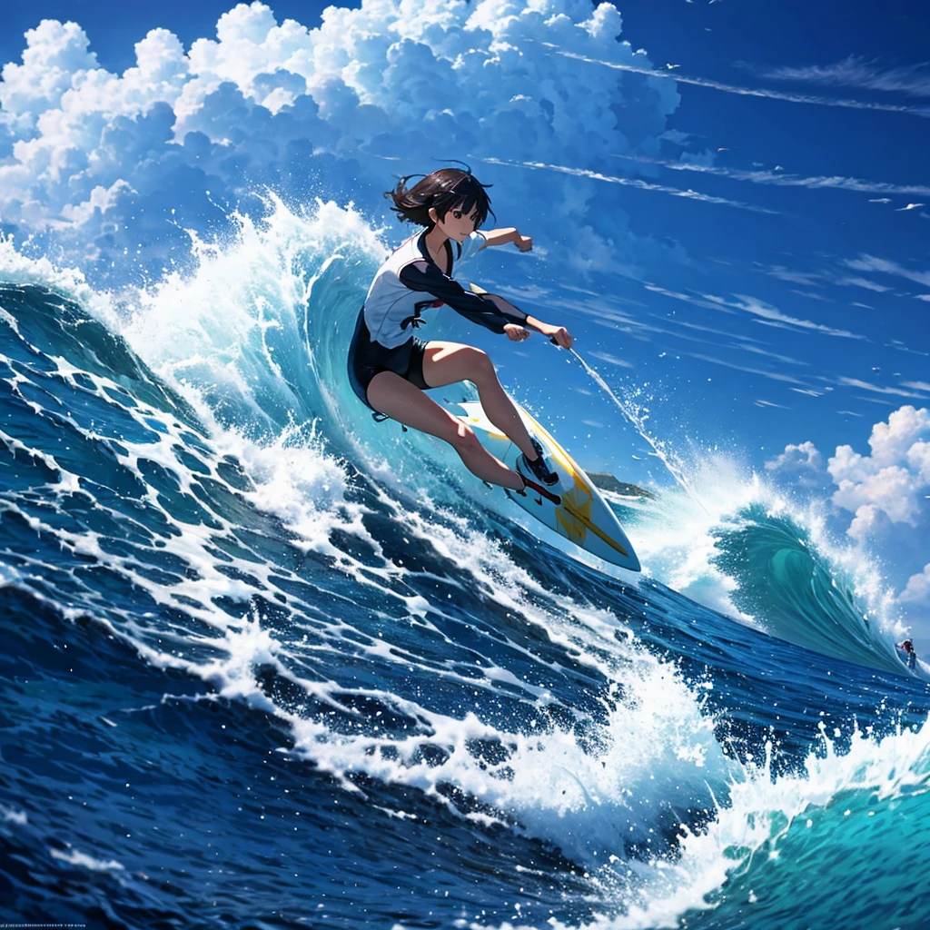 Masterpiece, best quality, ultra detailed,8k,WQHD,4k wallpaper, Makoto Shinkai, surfing,