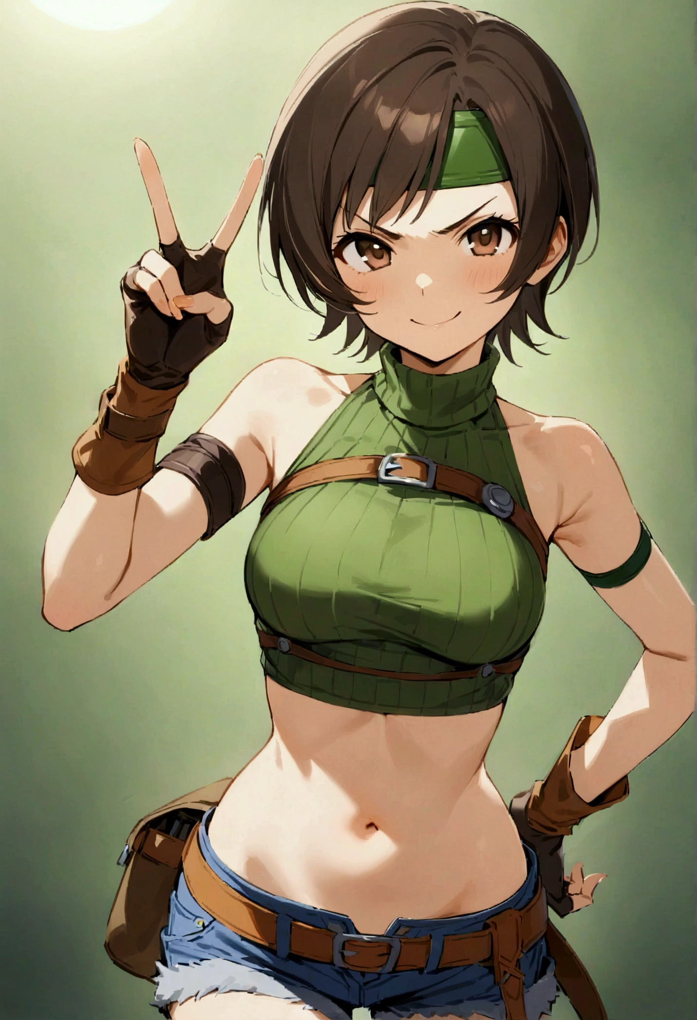 score_9, score_8_up, score_7_up,BREAK best quality,high quality,masterpiece,aesthetic,very aesthetic,　soro,1girl,yuffie kisaragi,, final fantasy,short hair,headband,navel,sleeveless,turtleneck
brown eyes,
sleeveless turtleneck,gloves,crop top,brown hair,shorts,midriff,sweater,open fly,fingerless gloves,ribbed sweater,looking at viewer,smug,v-shaped eyebrows,wide eyes,v,hand on hip,