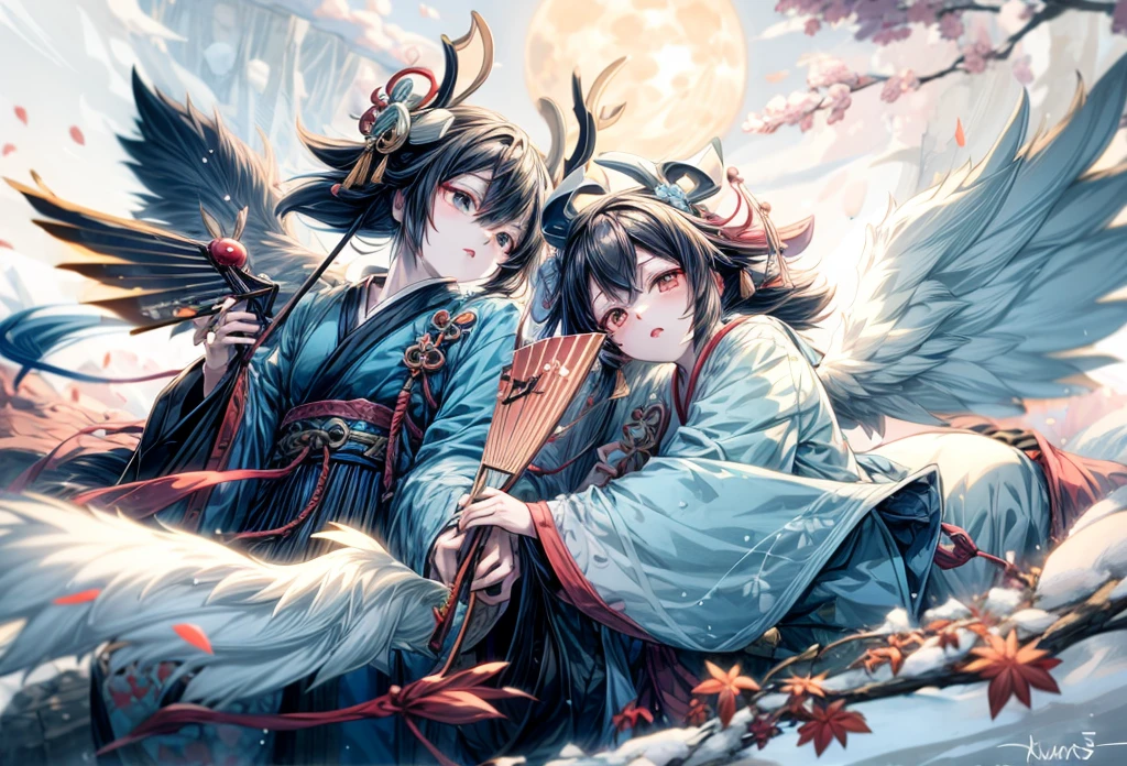 
antlers. Onmyoji anime style. Bright particles. Behind the bright moon there is a pair of white wings. Ink style. Plum Forest. Holding a fan. Fluffy snow-white tail with neck