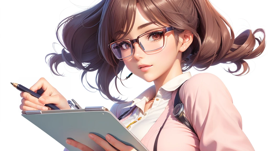 Cartoon girl in glasses holding a clipboard and a pen, stylized portrait formal pose, character artist, very detailed character, Close-up characters, cartoon style illustration, Digital Character Illustration, Animated Characters, 2D Illustration, 2D Illustration, High-quality character design, Stylized anime, Lovely characters, Cute 3d rendering, Authorjeonseok lee, Smooth anime CG art