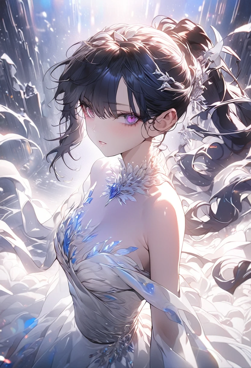a beautiful woman with long dark blue hair in a ponytail, violet eyes with a cold and powerful gaze, an overwhelming regal aura, (best quality, masterpiece:1.2),ultra-detailed,2d anime,digital art, highly detailed facial features, porcelain skin, dramatic lighting, cinematic composition, fantasy, elegant flowing dress, dramatic shadows, moody atmosphere, deep rich colors, anime version