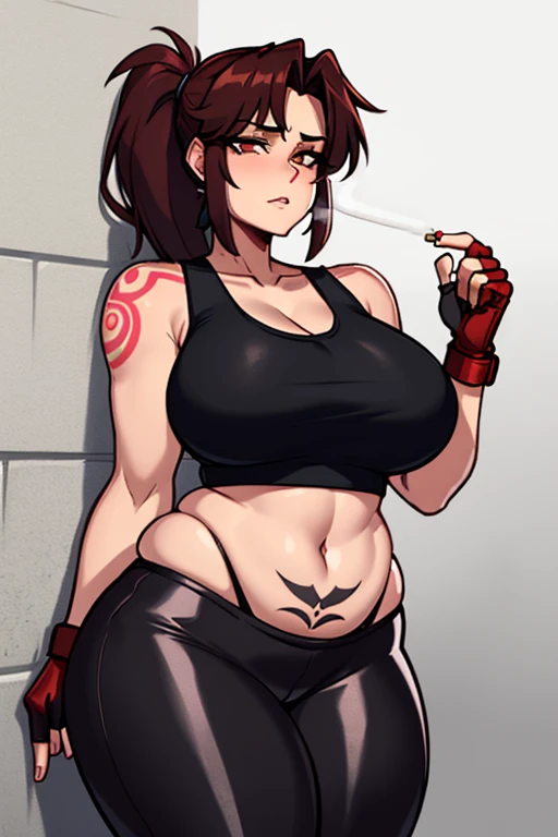 (masterpiece, highest quality:1.2), solo, 1girl, imagine Revy as a plus size milf, 45-year-old, mature woman, covered in tattoo's, plump, chubby figure, round belly, beer gut, love handles, expressionless, looking at viewer, ponytail, (Wearing: red tank top, fingerless gloves, black leather pants), holding a cigarette, city street, standing, leaning up against a wall
