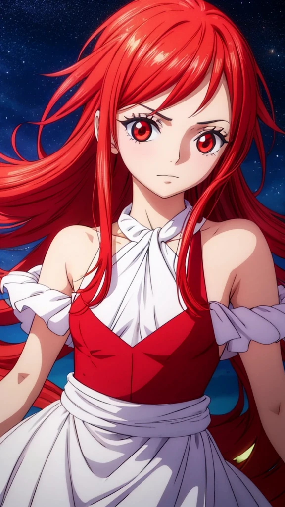 good quality, 4k, anime model, girl, beautiful, red hair, red eyes, faint smile,small , night view background, beautiful stars, wearing white sweete,look at the camera, small