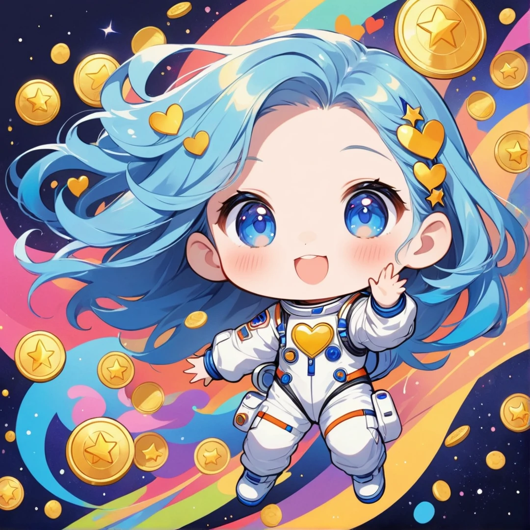 A Girl, Long Blue Hair, Blue Eyes, Star Hairpin, Colorfull Style, Simple Line Initialism,Abstract Art, The Most Beautiful Girl Of All Time, Chibi, Sweet Face. Colorful Hearts, Gold Coins, Funny Design, Happy Dance, Spacesuit, Cute Aliens, The Background Is Space