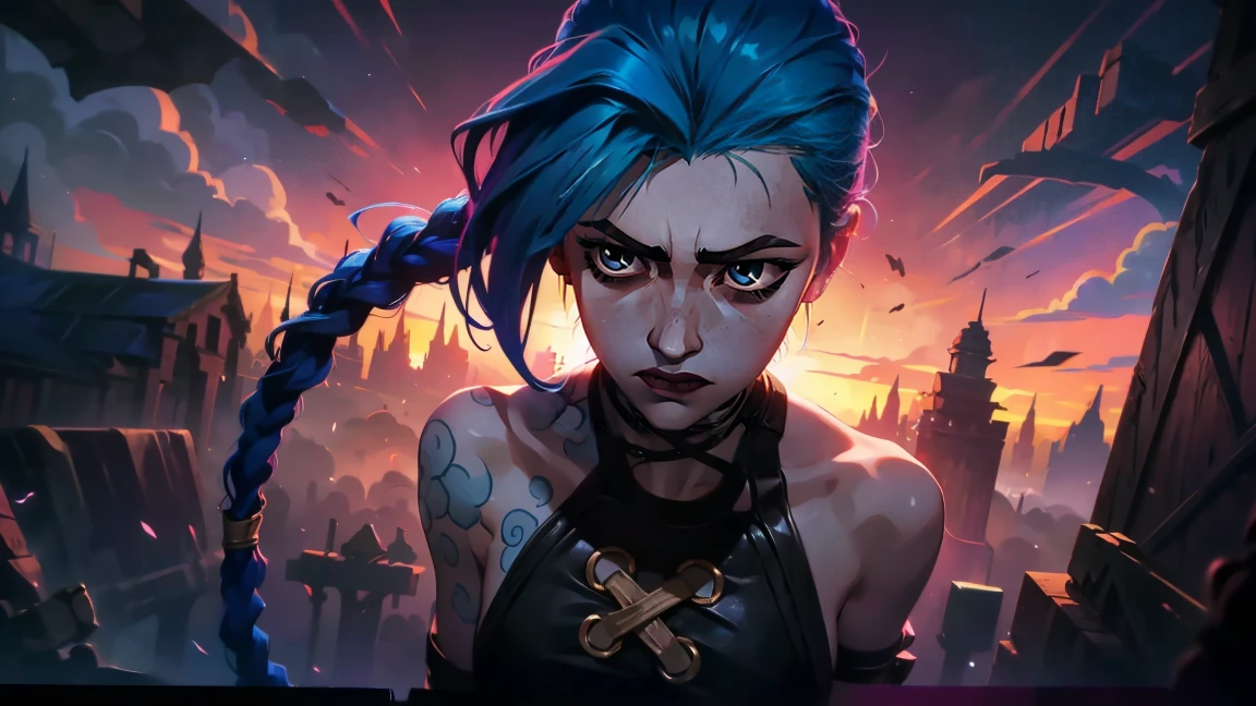 (masterpiece, Best quality), 1 girl, portrait very detailed face, very sexy, fighting stance, runs, full length (full body 1.1.), crazy look, smile, tears, (tears на щеках), glowing pink eyes, feminine, darkness, beautiful waist, gloomy composition, very beautiful, long hair, hair braided in long braids, very sexy, tight leather pants, emphasis on the eyes, emphasis on the face, hands, Косаed ponytail, glowing pink eyes, Jinx is crying, Blue cloud tattoo, (masterpiece, Best quality), Side lighting, beautiful detailed eyes, crazy face), (Best quality), (masterpiece), magic photography, Spectacular lighting, photorealism, ultra detailed, intimate portrait composition, 1. 4,8 K UHD, aesthetic, CD., a high resolution, 8 K, Better lighting, Best shade, Ultra-HD, a high resolution, Sharp Focus, complex background, cinematic lighting, ((Landscape view)), 4K block, (Better lighting), ((cinematic lighting)),
