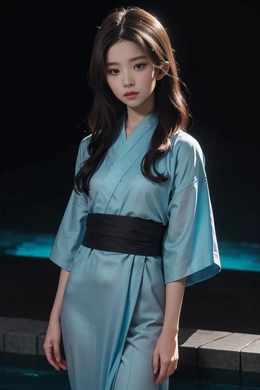 ((Best quality, 32K, Masterpiece :1.3)), Sharp focus:1.2 , Photorealsitic,(Cinematic lighting),Facial detail texture. Eye details, Double eyelids, Slender body,Super small breasts, -yeld gi photo-realistic:1.37,Perfect eyes, ((1 girl in a pale blue yukata)),(white sash),(Thick fabric),((Ragged linen)),With a figure,brunette color hair,Long hair draped loosely,Qi bangs,Stand in a cold pool,short- sleeved,Exposing thighs,Full body like,Clothing covers the whole body,folds,((solid color backdrop)),is shy,Be red in the face,