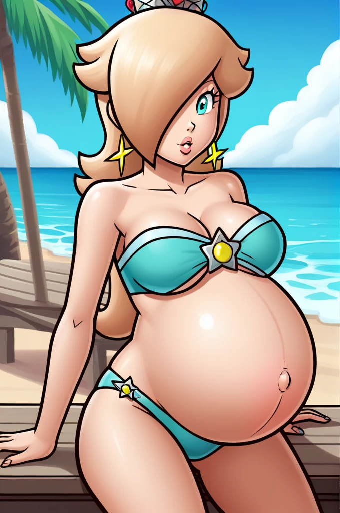 score_9, score_8_up, 1girl, solo, rosalina, style parody, thick outlines, bikini, panties, pregnant belly, big belly, sleeveless, strapless, cleavage, indoors, beach, complete body, perfect