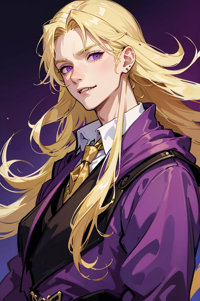 man, male, blonde hair, long hair, purple eyes, fangs, fantasy wear, vampire,