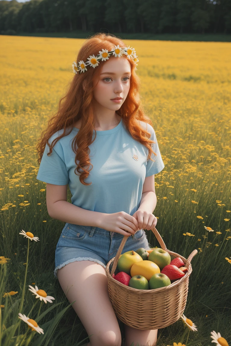 (girl:1.2),alone,(long curly ginger hair:1.1),brown eyes,Wearing a daisy crown on her head,Sit in a daisy field,(fruit basket:1.1),blue shorts,red t-shirt,,raw,photographic,photo shadows,real,ridiculous,aesthetic,elegant