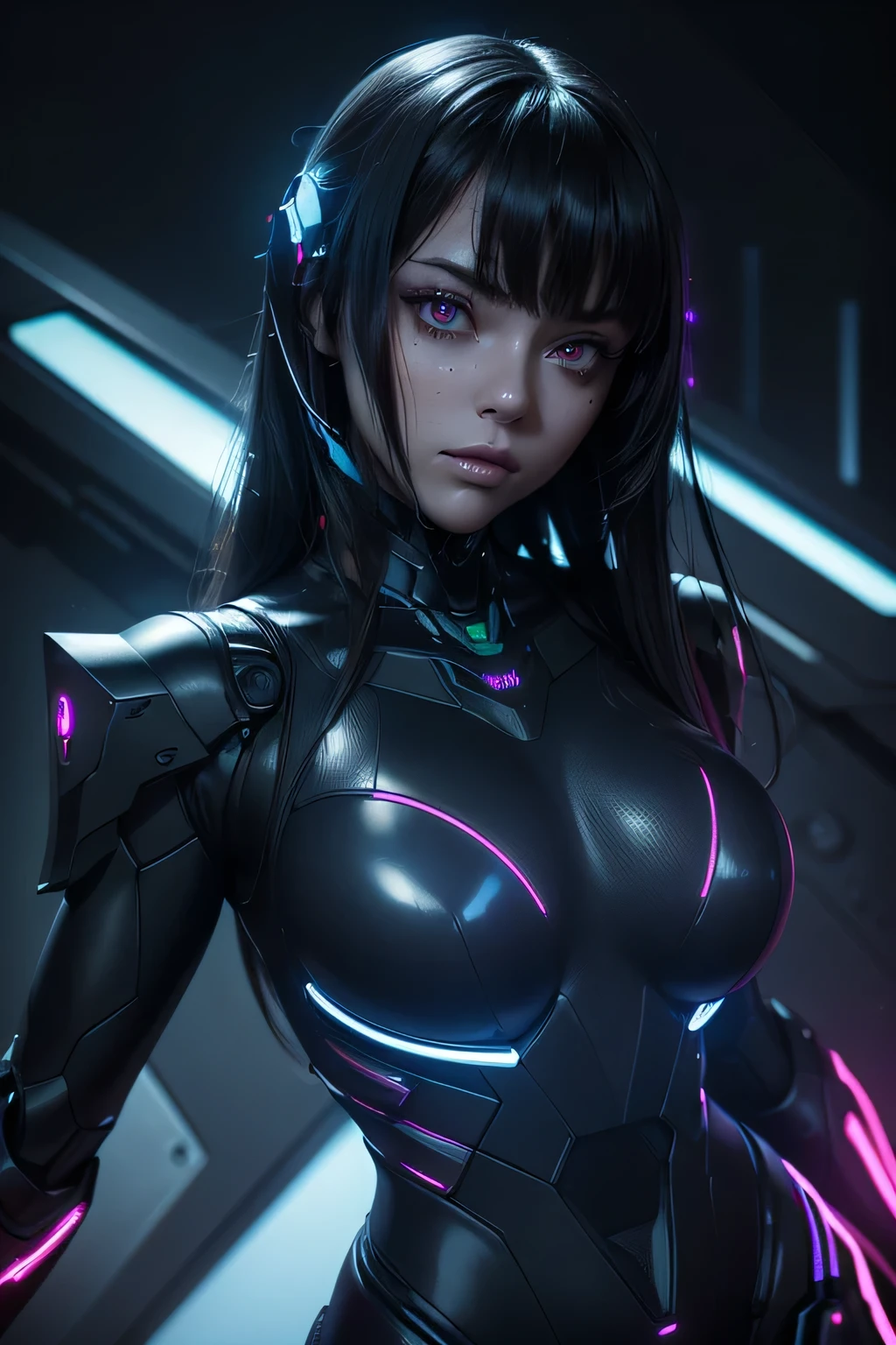 girl realistic and intricate perfect beauty face, detailed & asymmetric perfect sharp galaxy glowing eyes, detailed face, (((from face to the waist))), (((beauty shape))), ((in realistic neon-lit sci-fi black plugsuit metal mech parts and robotic tentacles with neon-lit lights)), masterpiece, 4k, UHD