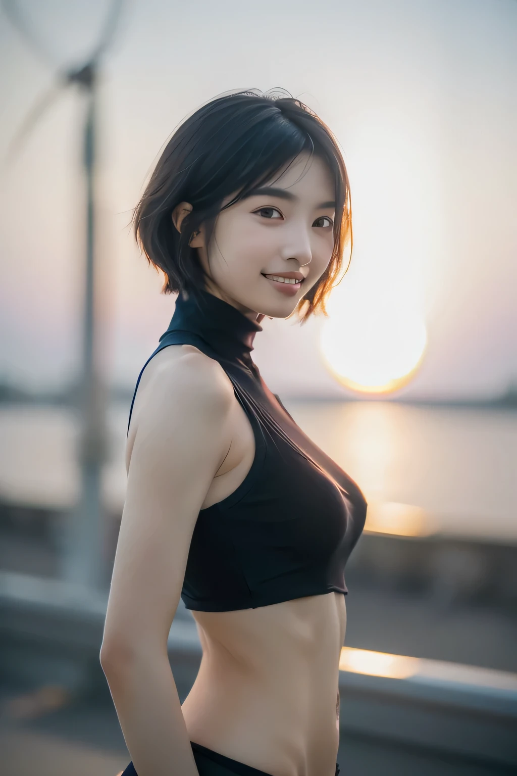 (Hyper Reality: 1.35), (Realistic: 1.4), A beautiful Japanese woman, smile, alone. masterpiece, 最high quality, high quality, alone, Very good, Latin, puberty, Only one girl, Well-trained, muscular, (((Slender figure)), ((slim body)), ((super extra big bazookas boobs)), ((最high quality)),((Hello)),((Very delicate and beautiful)),((Very shallow depth of field)), Hmph,((Incredibly shallow depth of field)). family friendly)), (((Very delicate and beautiful)), (((Very shallow depth of field))), Hmph, (((Unbelievably absurd))), (((Black Hair )), (((Shortcuts))), (((Bob Hair))), ((( Camera Eye)))), (((small ))), (((smile))), poor, my + background, Dynamic Angle, Focus on women, {Particles of light}, Detailed background, Soft lighting, (dramatic) , sunset, very beautiful sunset, Live Action, Realistic, (blurred background), (()),, (((wind:1.5))), ((Movement)), ((emotion)), ((colorful)), ((Baby Face)),ful Teeth)), Wither, sea background, No makeup, full body, high neck, Sleeveless, turtleneck,(((underboob))), (((sideboob))) , Very fair skin, 