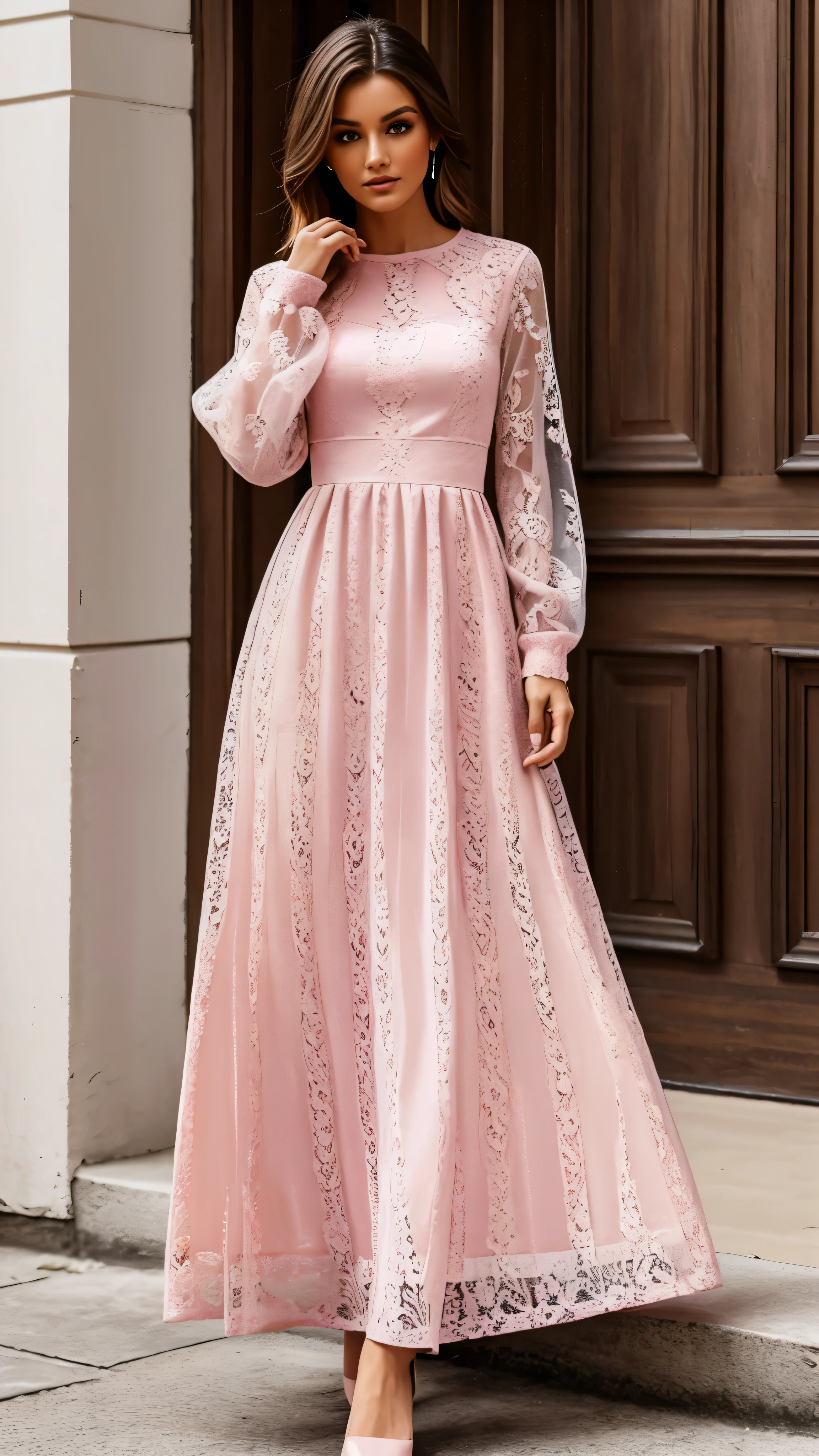 Fashion model wearing long pink dress, long sleeve, round neck, lace