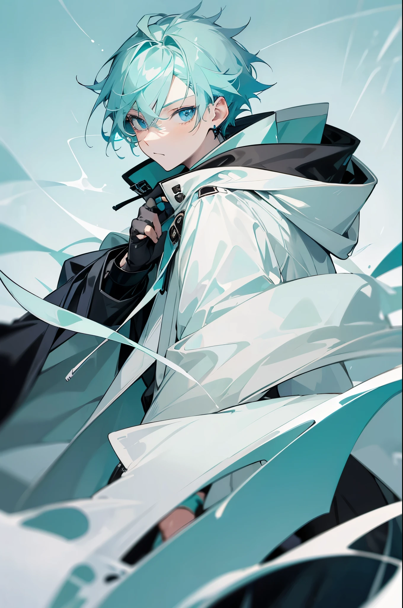 focus male,1boy,((light aqua blue hair)), white skin,((( hot blue eyes ))),earring, ((black coat with hood)),looking the viewer,fingerless glove
