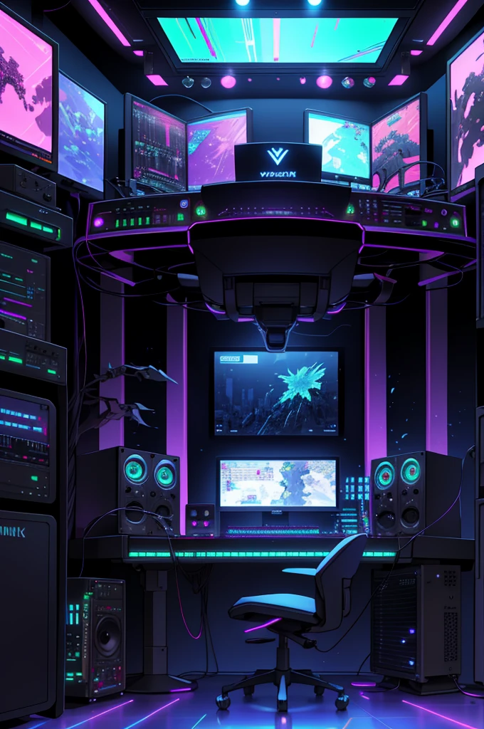 (Detailed and Intricate: 1080p, 4K, high resolution, Masterpiece: 1.1), ToxicPunkAI DJ Controller, a machine with sleek, metallic design and glowing neon accents, dominates a dimly lit studio. Synths of all shapes and sizes, some with pulsing lights and others steaming slightly, encircle the Controller. Wires of various colors crisscross the room, connecting the machine to each synthesizer and studio monitor. The Controller's dials and knobs, reflecting ToxicPunkAI's edgy aesthetic, are adorned with sharp lines, spikes, and riv