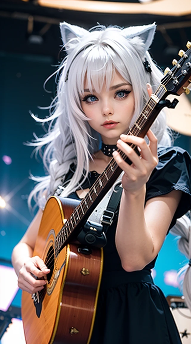 Playing Acoustic Guitar　Cute Rocker Girl　Cat ear girl　Angel　wing　Space Galaxy