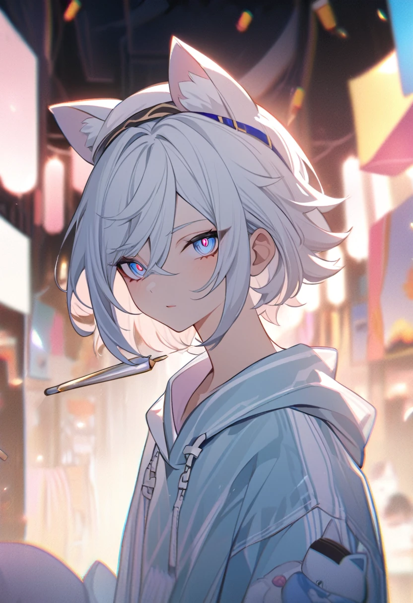 (best qualityer) ((work of art)) 4K Full HD (Aesthetic), a boy, Cao Cao, slim, Short and Straight White Hair, sapphire eyes, He wears a white cap with horizontal blue stripes and cat ears., light blue sweatshirt, cute details, Fundo Pink Suave Com Doces "lollipops, bullets, Chocolate", Lambendo um Pirulito de Coração Pink, looking at the camera, lights, Single Male, seductive expression, Pink, violent look, striking eyes, Soft Filter, digitl art.