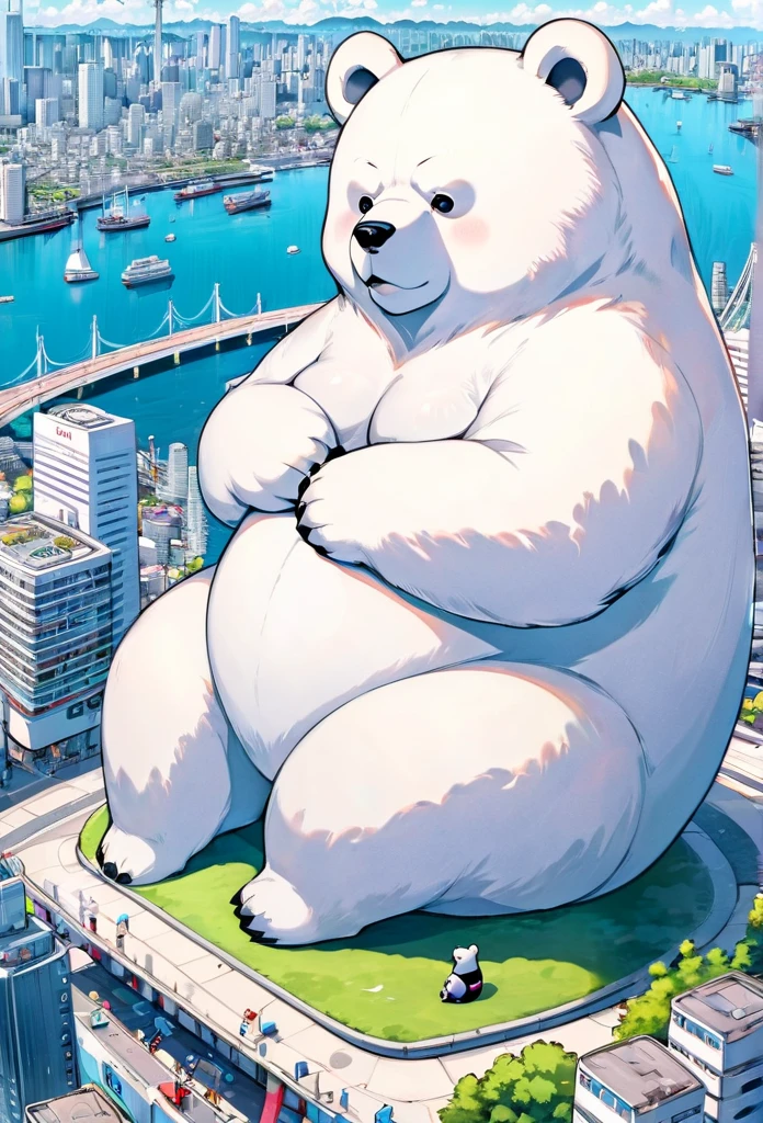 Plump giant bear hybrid, Sitting on Tokyo Bay and causing trouble., Big Tokyo Odaiba background, Small model, The bear is bigger than the city, Fantasy art, 2.5D, delicate and dynamic, Cute rough pastel effect
