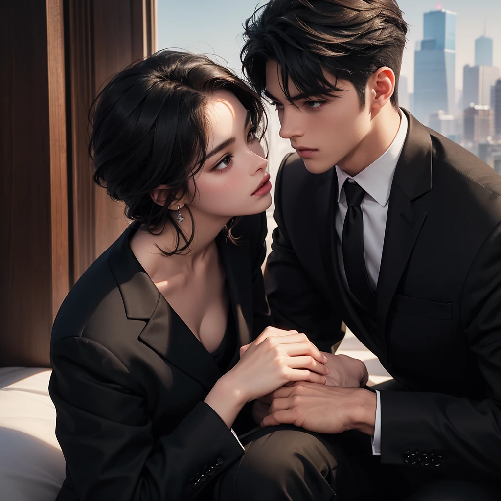 1boy 1girl cuddeling each other, brown eyes, wearing all black suit together, close up, city, absurdres, high res, ultrasharp, 8K, masterpiece, looking at each other, sexy pose