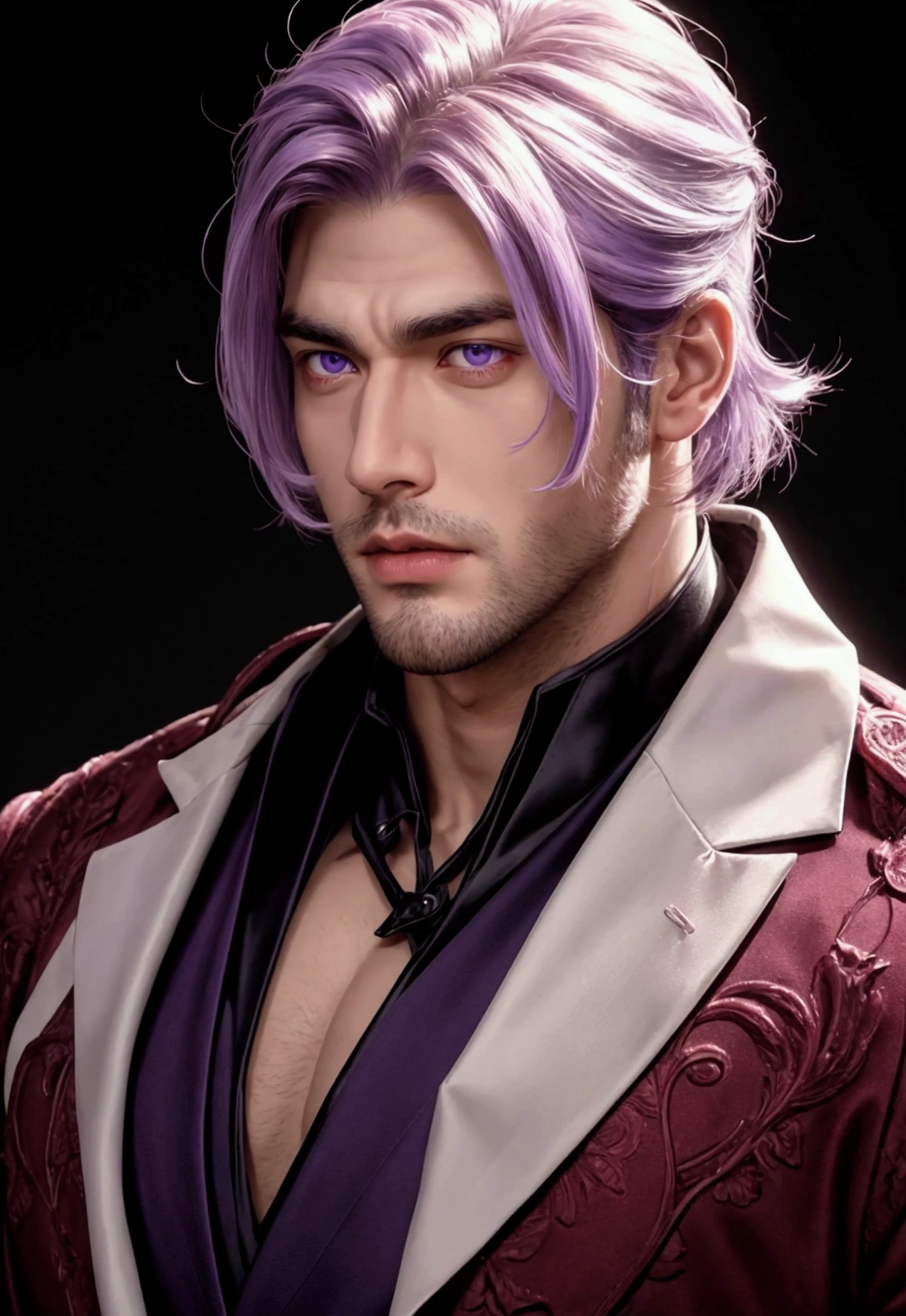 "Handsome man, tall and muscular. Face without beard, purple eyes, white comma hair, thick reddish lips."