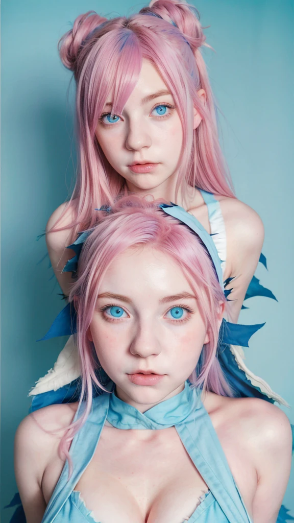 Gorgeus Girl, Beautiful, Baby Face, 20 Years Old, White Skin, Colossal Breasts, ((Anime Cosplay Coatumes)), Pastel Colour, Blue Eye, Halloween Background, Masterpiece, Pink Hair, Sleeveless, Front Fancing, ((Potrait:1.1)), ((Torn:1.2))