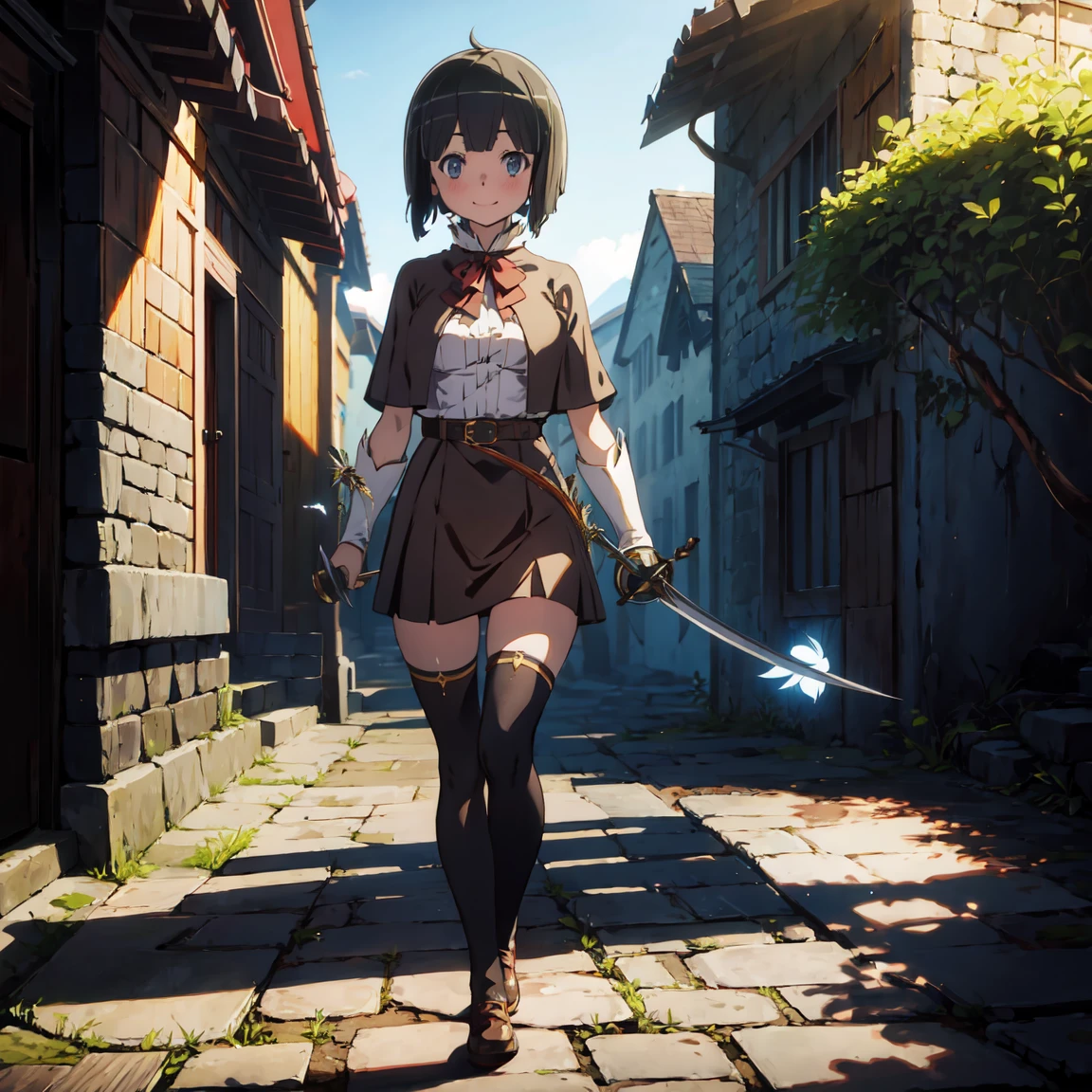 highly detailed, full body, ((1girl)), solo, smile, blush, outdoors, day, simple background, blue sky, sky, temple, looking at viewer, stairs, mountain, moody lighting, facing viewer, full body view, aamumei, ((((short hair:1.2, bob cut:1.2)))), ahoge, multicolored hair, ((feather hair ornament)), hairclip, white shirt, brown corset, dagger, belt, red skirt, thigh strap, single kneehigh, single thighhighs, brown cloak, cape, capelet, brown bow, (((((rapier)))))
