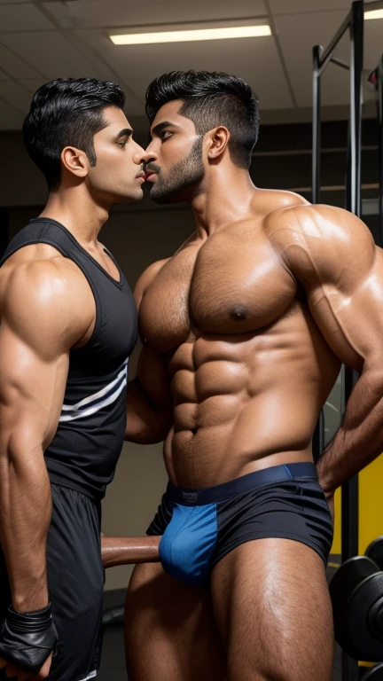 2 person in one photo, 40 years old Desi mascular dark skin jaat with huge wide muscular shoulders, wide chest, abs, masculine wide triceps, arms, biceps, big masculine legs, wide thighs, calfs, black-haired, hair falls on your face, Mesmerizing brown eyes, andrew christian underwear, gloves in hand, kissing mouth to mouth with indian girl in gym, indian couple girl man kissing, seductive