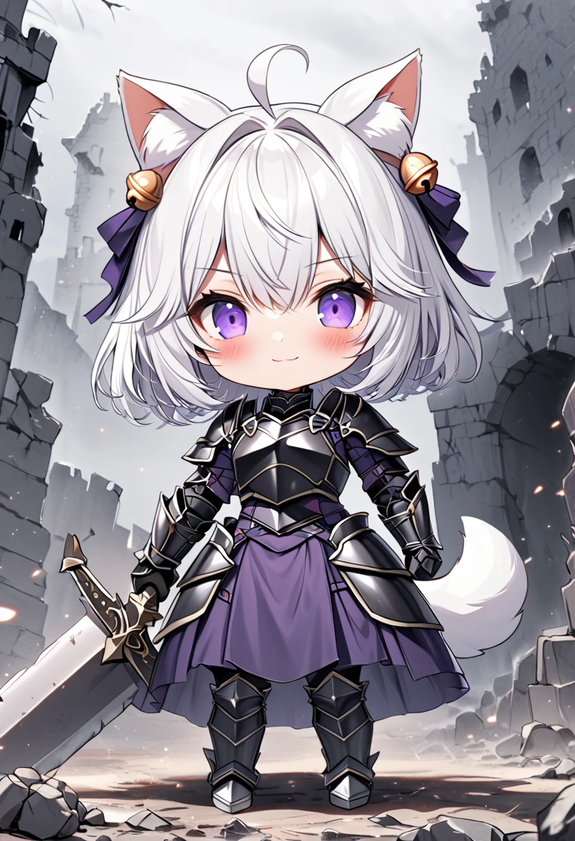 master piece, best quality, ultra-detailed, illustration, 1girl, solo, chibi, (big head), cute pose, front view, looking at viewer, ((full body Close up)), Filiansailor, (purple hairclip:1), (hair bell:1.4), white hair, short hair, cat ears, ahoge, purple eyes, blush, smiling, fluffy tail, black knight armor, metal breastplate, black gauntlet, armored skirt, metal greaves, armored boots, (holding greatsword)battlefield background, gloomy atmosphere, broken castle, broken walls, broken windows