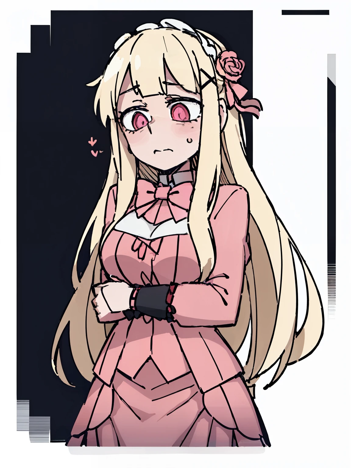 ((A woman,Long blond hair,Pink dress,Lolita Skirt,Pink flower hairpin)),Blue pupils,Bow tie on chest,front,Half Body,nervous,((Fear)),White background