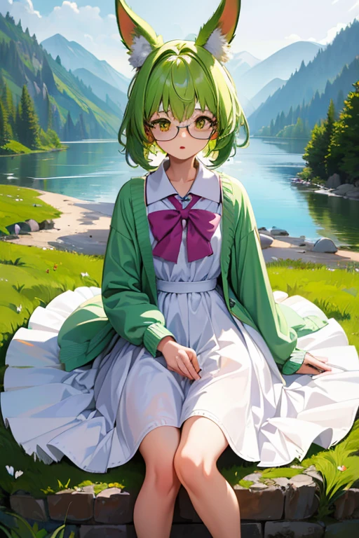 ((Highest quality)), ((masterpiece)), (detailed), One girl, manga, Anime Women　18-year-old　low length　Glasses　Lake view plateau　fluffy　Chiffon skirt　dress　cardigan　Two Piece　ash green hair color　Lapis Lazuli Eyes　C cup　Earth Colors　Bunny ears　Outdoor