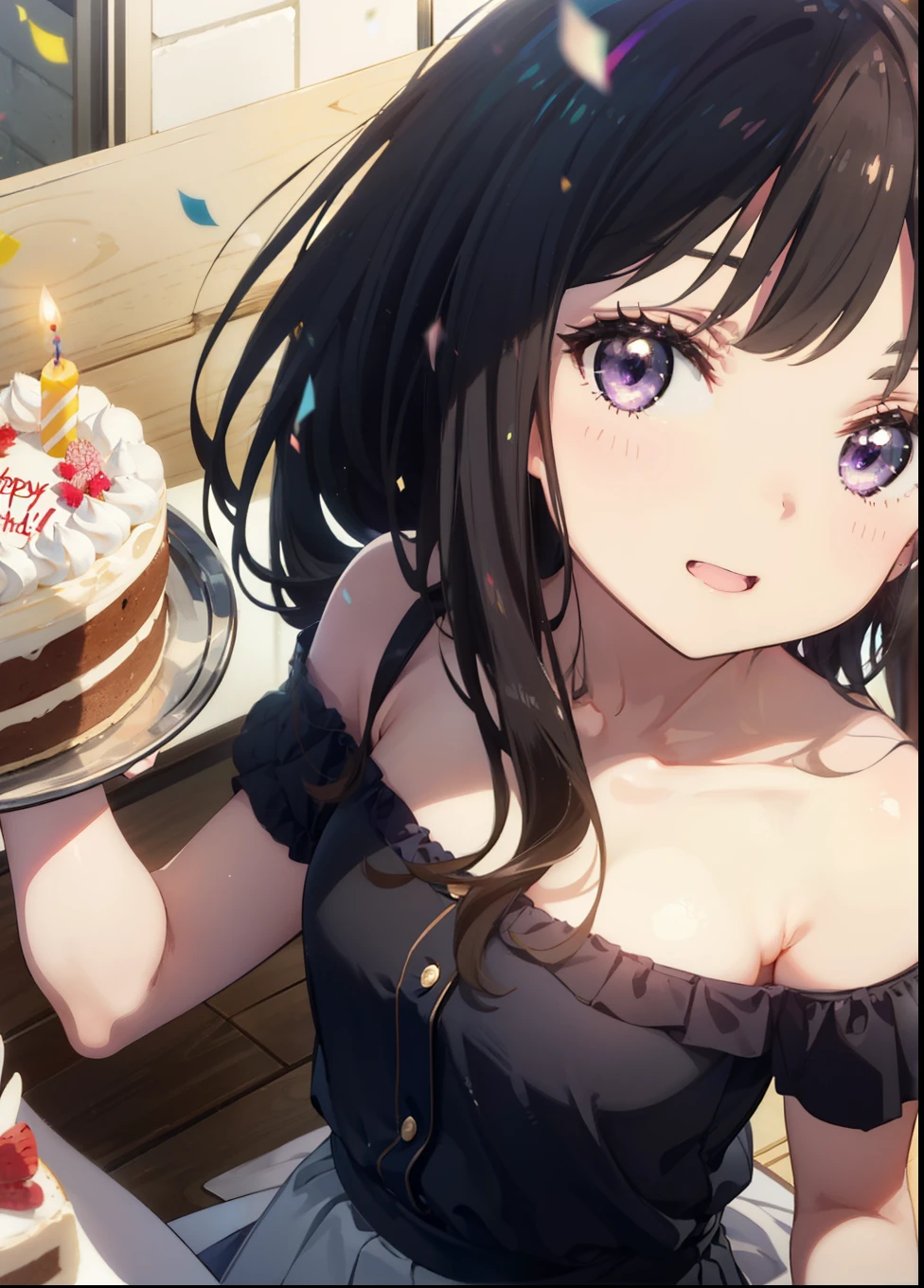 Takiuchikami, Long Hair, bangs, Black Hair, (Purple eyes:1.2),
smile,blush,Please open your mouth wide,Blue off-shoulder dress,Short sleeve long skirt,Stiletto heels,Birthday cake with lit candles,
,There is a round birthday cake on the desk..,Confetti,cracker,whole bodyがイラストに入るように,
break indoors,  venue,
break looking at viewer, whole body, 
break (masterpiece:1.2), Highest quality, High resolution, unity 8k wallpaper, (shape:0.8), (Beautiful attention to detail:1.6), Highly detailed face, Perfect lighting, Extremely detailed CG, (Perfect hands, Perfect Anatomy),