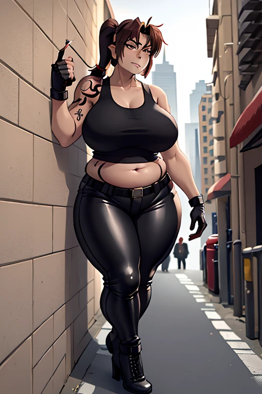 (masterpiece, highest quality:1.2), solo, 1girl, imagine Revy as a plus size milf, 45-year-old, mature woman, covered in tattoo's, plump, chubby figure, round belly, beer gut, love handles, expressionless, looking at viewer, ponytail, (Wearing: red tank top, fingerless gloves, black leather pants), holding a cigarette, city street, standing, leaning up against a wall
