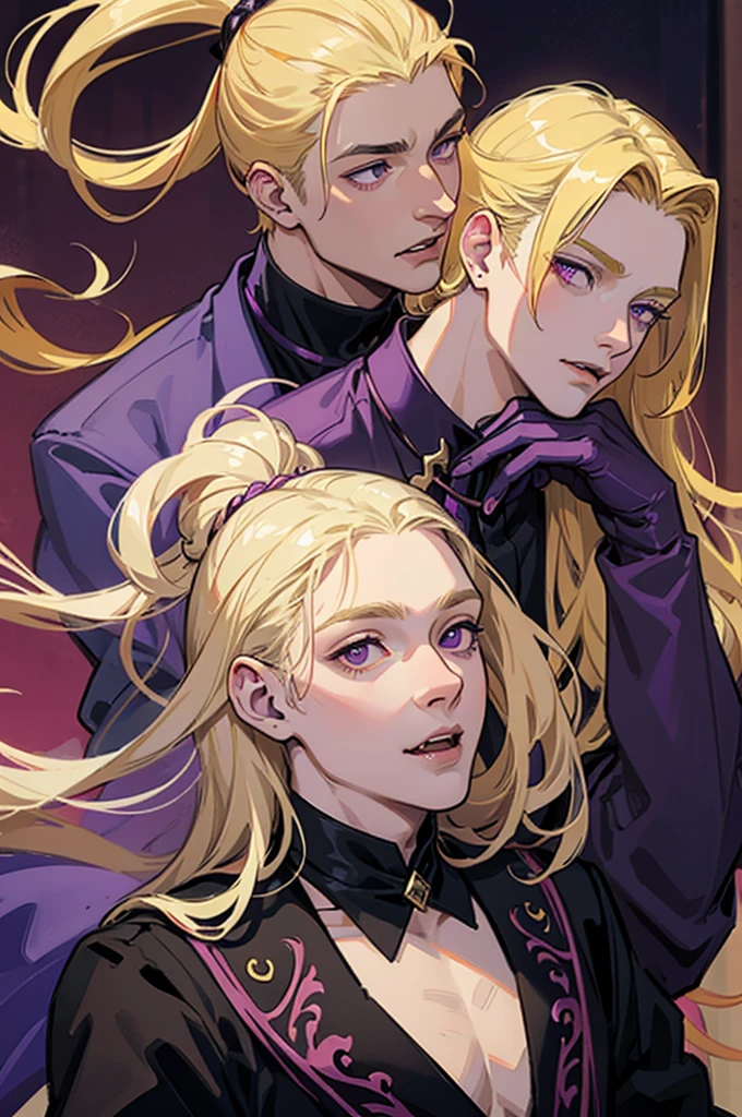 man, male, blonde hair, long hair, purple eyes, fangs, fantasy wear, vampire,