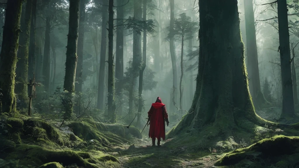 In the heart of a dark medieval forest, a weathered bull statue or sigil stands amid the ancient, towering trees. The statue, carved from dark, moss-covered stone, exudes a sense of timeless strength and mystery. Moonlight filters through the dense canopy above, casting eerie shadows that dance across the bull's form. The forest around it is thick with silence, the air heavy with the scent of damp earth and decaying leaves. Twisted roots and overgrown vegetation partially obscure the base of the statue, hinting at its age and the forgotten purpose it once served.

Standing before the statue is a man cloaked in a red hood, his face obscured by shadows. The crimson fabric contrasts sharply with the dark, foreboding environment, making him an enigmatic figure against the backdrop of the ancient woods. He stands still, as if contemplating the bull's significance or drawing some hidden power from its presence. The atmosphere is thick with tension and mystery, the air filled with the silent whispers of the forest and the unspoken secrets of the past
