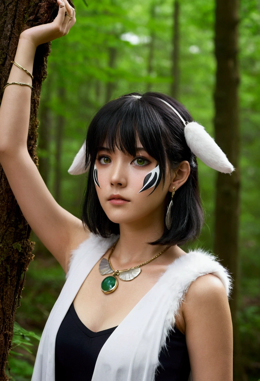 mj3d style,3dmm,3d,(masterpiece, best quality:1.1), ghibli style, san (mononoke hime), 1girl, armlet, bangs, black hair, black undershirt, breasts, cape, circlet, earrings, facepaint, floating hair, forest, fur cape, green eyes, jewelry, looking at viewer, medium breasts, nature, necklace, outdoors, parted bangs, shirt, short hair, sleeveless, sleeveless shirt, solo, tooth necklace, tree, upper body, white shirt