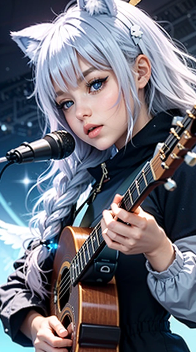 Playing Acoustic Guitar　Cute Rocker Girl　Cat ear girl　Angel　wing　Space Galaxy Planet Sky