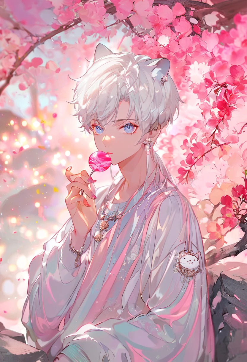 (best qualityer) ((work of art)) 4K Full HD (Aesthetic), a boy, Cao Cao, slim, Short and Straight White Hair, sapphire eyes, He wears a white cap with horizontal blue stripes and cat ears., light blue sweatshirt, cute details, Fundo Pink Suave Com Doces "lollipops, bullets, Chocolate", Lambendo um Pirulito de Coração Pink, looking at the camera, lights, Single Male, seductive expression, Pink, violent look, striking eyes, Soft Filter, digitl art.