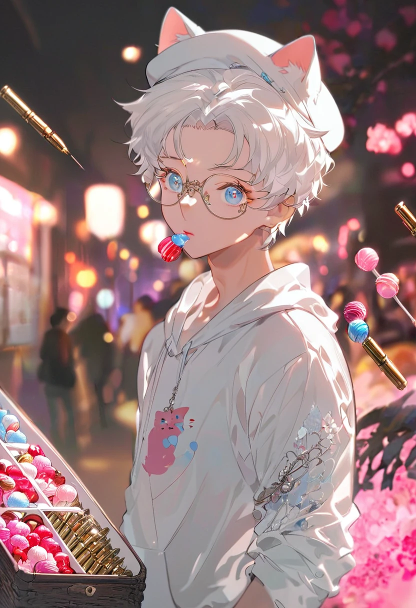 (best qualityer) ((work of art)) 4K Full HD (Aesthetic), a boy, Cao Cao, slim, Short and Straight White Hair, sapphire eyes, He wears a white cap with horizontal blue stripes and cat ears., light blue sweatshirt, cute details, Fundo Pink Suave Com Doces "lollipops, bullets, Chocolate", Lambendo um Pirulito de Coração Pink, looking at the camera, lights, Single Male, seductive expression, Pink, violent look, striking eyes, Soft Filter, digitl art.