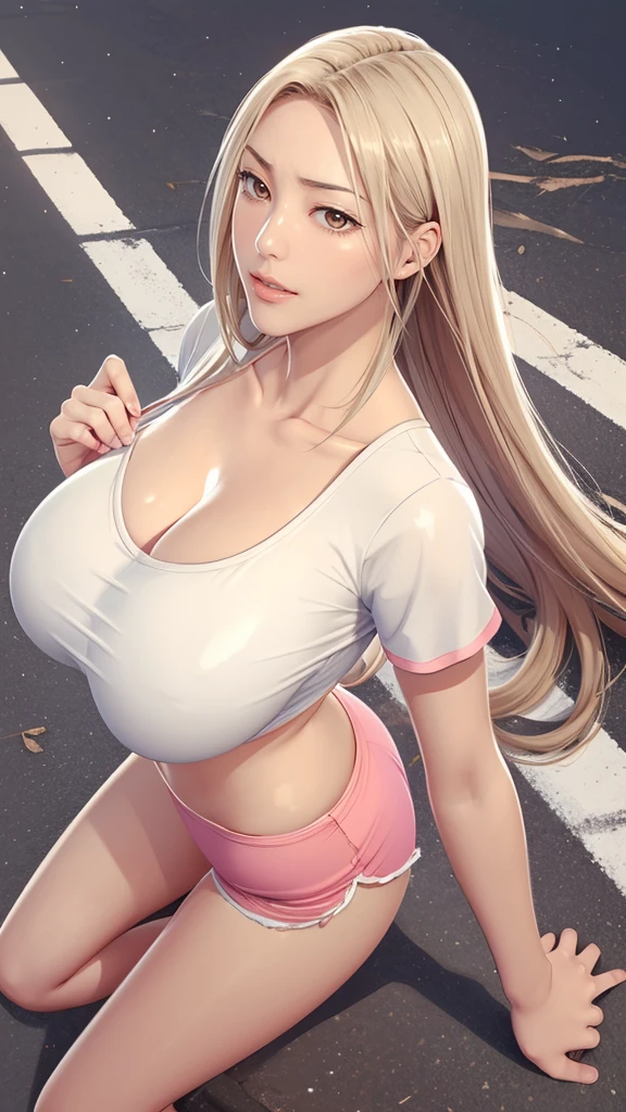 （（（Perfect figure，figure，solo， White skin，（（（cyberpunk，short sleeves,  dolphin shorts, t-shirt, pink shorts, red shirt, , ））），（（（MiaChadef, long hair, Long Straight blonde hair, brown eyeasterpiece)), high resolution, ((Best quality at best))，masterpiece，quality，Best quality，（（（ Exquisite facial features，Looking at the audience,There is light in the eyes，(（（lol，Happy，））），smile））），（（（Light and shadow，Huge breasts））），（（（Looking at the camera，out door background，Lying on the ground，Look up at the camera，from above，Overlooking)）））