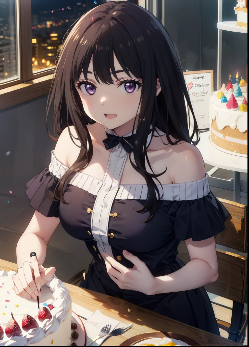 Takiuchikami, Long Hair, bangs, Black Hair, (Purple eyes:1.2),
smile,blush,Please open your mouth wide,Blue off-shoulder dress,Short sleeve long skirt,Stiletto heels,Birthday cake with lit candles,
,There is a round birthday cake on the desk..,Confetti,cracker,whole bodyがイラストに入るように,
break indoors,  venue,
break looking at viewer, whole body, 
break (masterpiece:1.2), Highest quality, High resolution, unity 8k wallpaper, (shape:0.8), (Beautiful attention to detail:1.6), Highly detailed face, Perfect lighting, Extremely detailed CG, (Perfect hands, Perfect Anatomy),