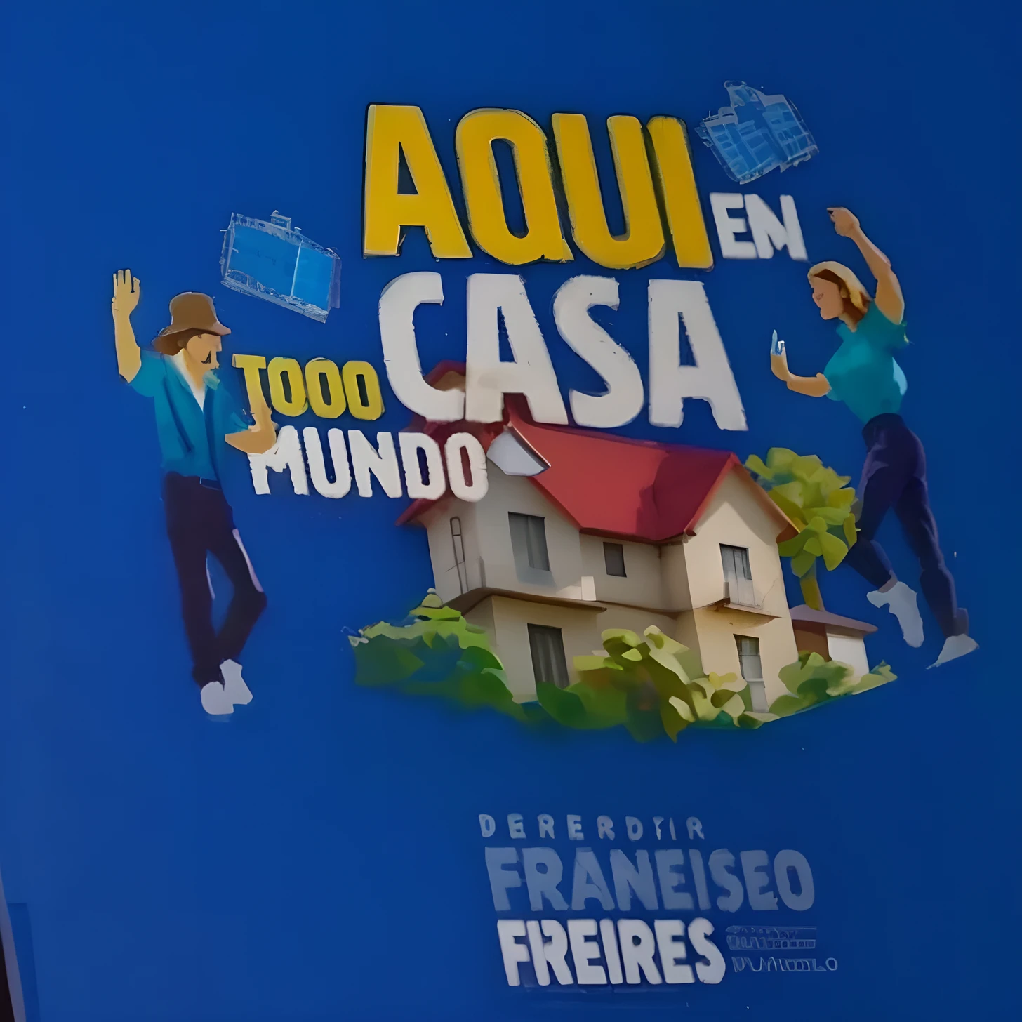 a close-up of a poster with a man and a woman in front of a house, by Cesar Andrade Faini, in sao paulo, by Felipe Device, sao paulo, São Paulo, by Manuel Franquelo, by Amélia Peláez, by Antônio Parreiras, by Emma Rios, by Almada Negreiros
