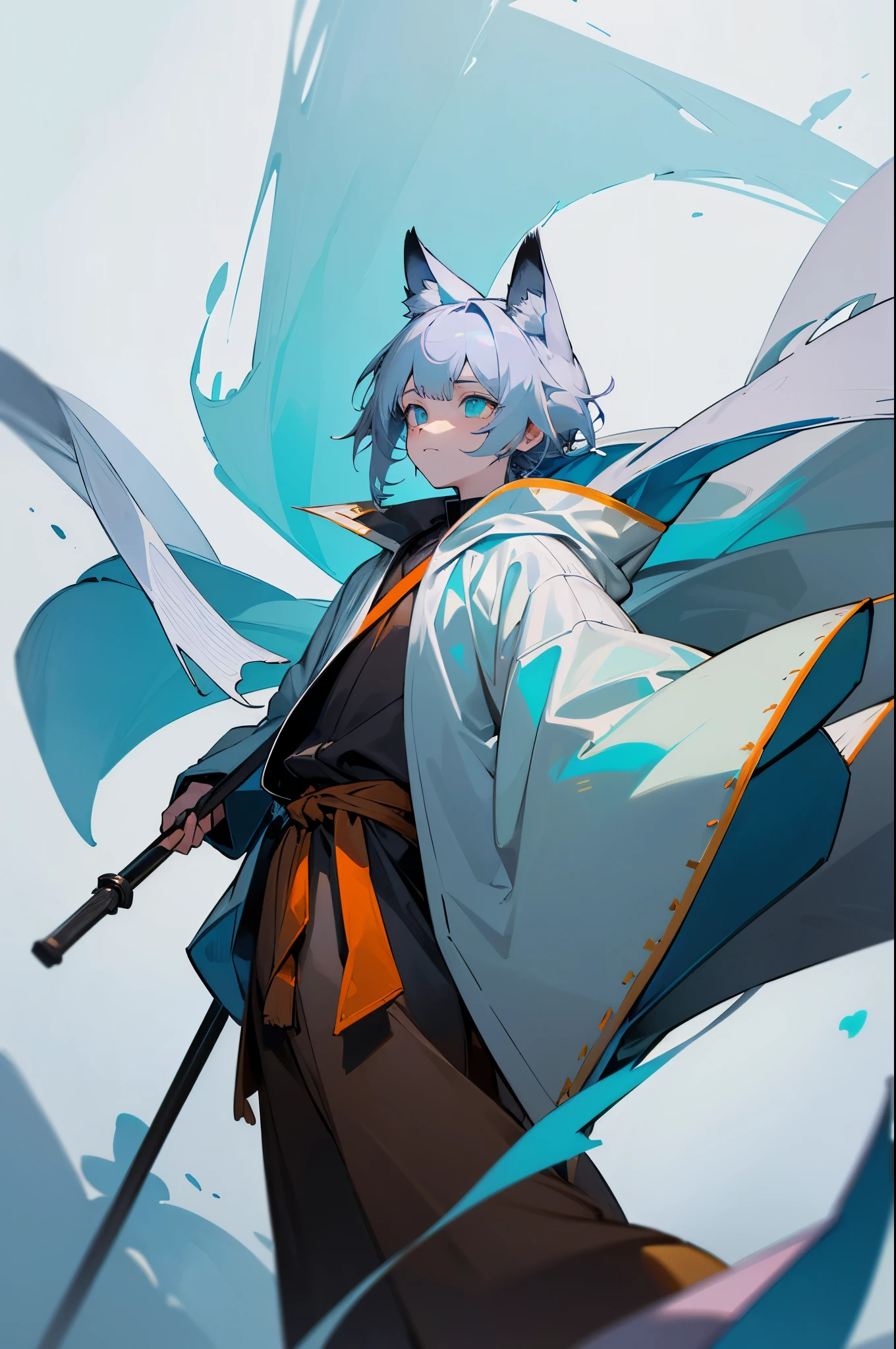(masterpiece), best quality, expressive eyes, perfect face, 1boy, solo, (light shade hair, fox tail, blue grey hair, fox boy, young male, young boy, fox ears, light blue grey hair, pale light blue gray hair, pale blue hair, bluish cyan hair), azure eyes, yellow undertones, yellow highlights, (leather robe, brown cape, dark hood), staff, spellcasting staff, young boy, poor, ragged clothes, scratched clothing, poor clothing, not rich, basic clothing, short bangs, big eyes, dark brown robe, brown pants, rope tied, fox tail, scared, young face, eyebags, black pants, arknights design, arknights character, arknights style, dynamic pose, snow, light outfit, boots, snowy area, pale blue outfit, lebron james, pogi, kjerag, forest
