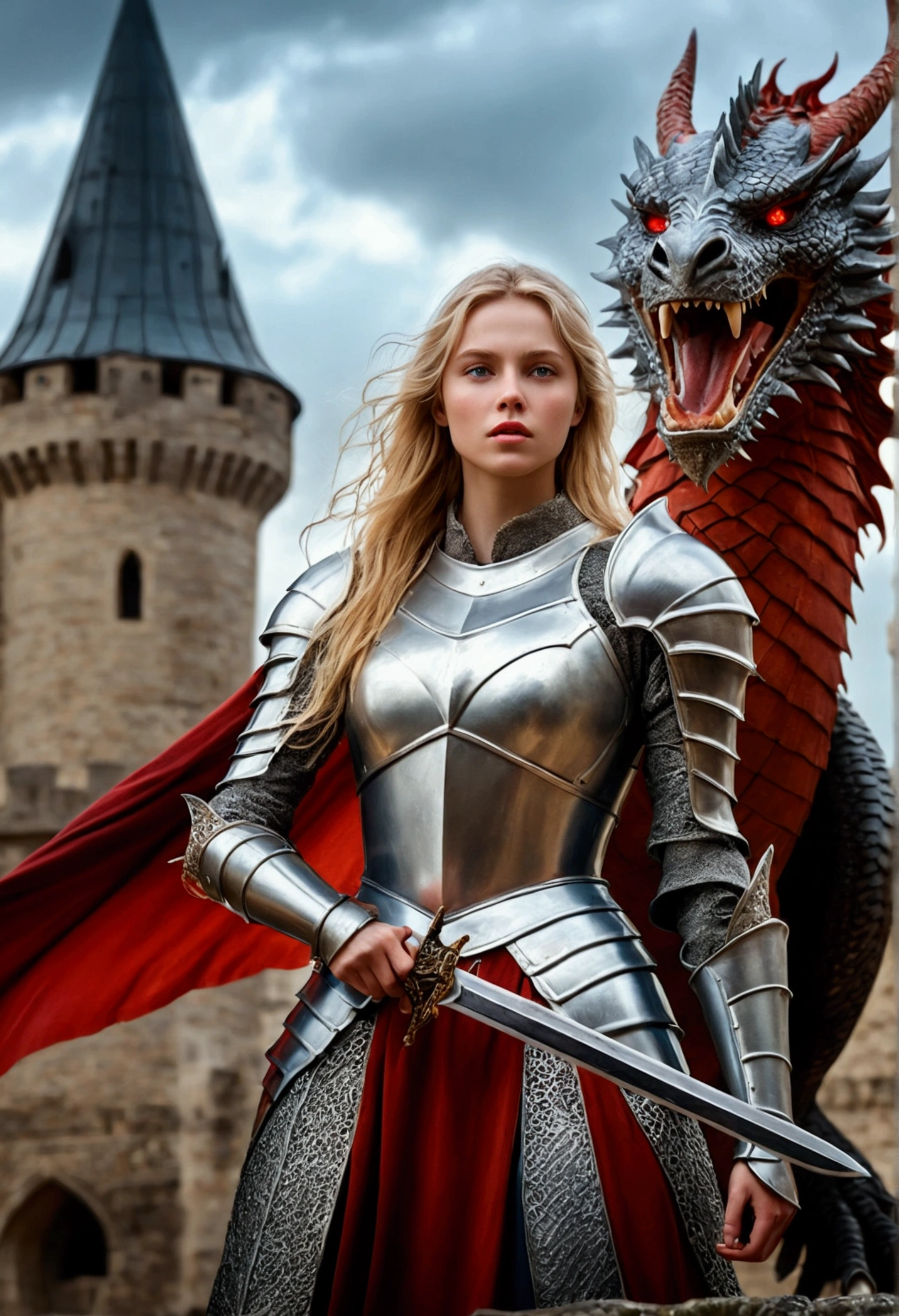 masterpiece of fantasy cinematic, a knight pretty girl 24yrs, long blonde hair, beauty and elegant look, blue eyes wear knight armor intricate layers, holding ancient sword, beauty and elegant pose, standing dynamic pose infront of a red dragon roaring, big and strong, widely wing, fire flame breathe, on top of castle in middle age period, cloudy sky, high detail, kodak film, photorealism