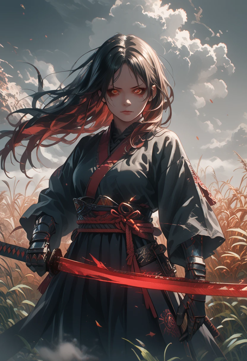 anime girl,with a katana in hand,bright colors,maximum details,Hair White,Katana Black,Red eyes,long hair,fluttering in the wind,dark atmosphere,Feel the Power,Image of the Ancient Warrior,Beautiful Appearance,ultra detail,top quality,8k wallpaper