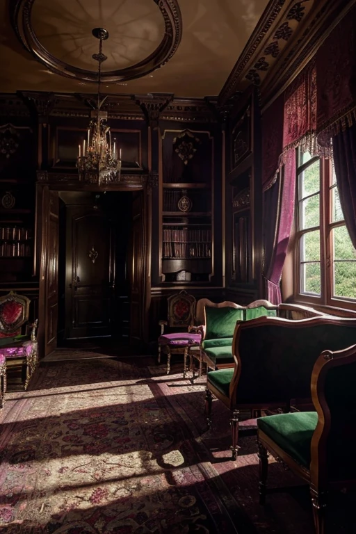 masterpiece, a lot of beauty,great quality, Very detailed, Intricate, cinematic lighting,Room in the house from the horror movie Rose Red, victorian mansion, aisle, luxury, extravagant, never, lovely, baroque and excessive decoration, delusional, terrifying, Winchester mansion. Purple and violet and red and green tones.