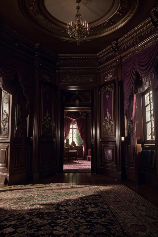 masterpiece, a lot of beauty,great quality, Very detailed, Intricate, cinematic lighting,Room in the house from the horror movie Rose Red, victorian mansion, aisle, luxury, extravagant, never, lovely, baroque and excessive decoration, delusional, terrifying, Winchester mansion. Purple and violet and red and green tones.