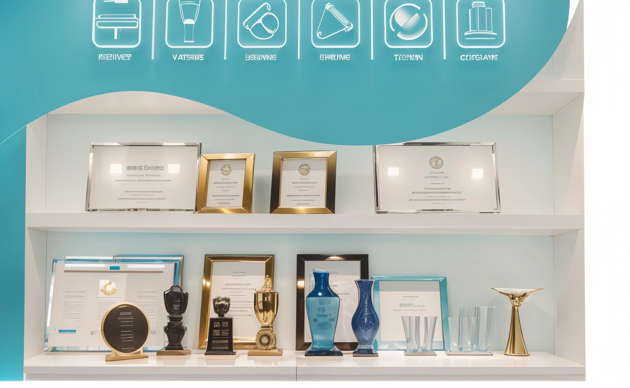 Design an interactive and engaging website for the dental clinic, featuring various awards that have been won in the style of our office in China over many years of experience in fiber optic toothayr X close up of all their trophies on display on shelf, with clear icons showing them off. Use light blue as main color theme to convey trust and warmth. The design should be modern yet professional, reflecting your equipment's high quality and sophistication, while highlighting experience and clients' paDocumentary Photography,