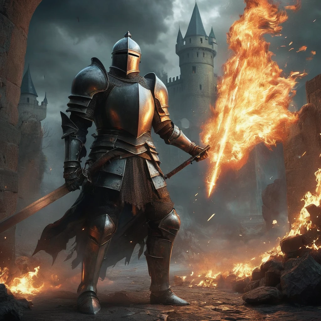 In the midst of a burning castle, a valiant knight clad in tarnished armor stands protectively beside a . Flames roar around them, casting a hellish glow that dances off the knight's armor and the terrified child's wide eyes. The castle's stone walls crack and crumble, sending sparks and embers swirling through the thick, smoke-filled air. The knight, his sword drawn and shield raised, surveys the chaos with grim determination, ready to fend off any threat that emerges from the inferno. The clings to his side, her face smeared with soot and tears, clutching a small, tattered doll. Despite the overwhelming danger, a sense of resolve and bravery radiates from the knight, determined to lead the girl to safety through the dark, fiery nightmare surrounding them.
